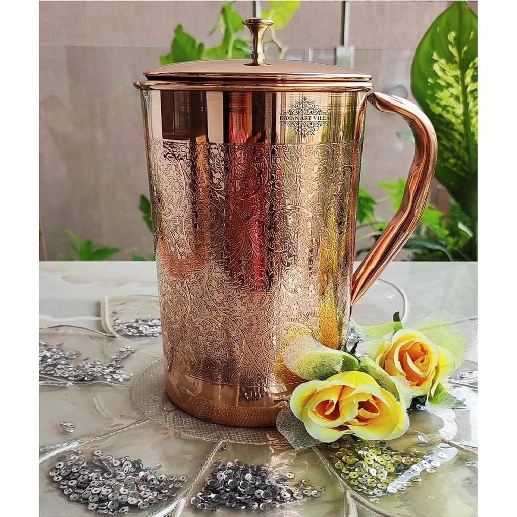 Full Embossed Design Copper Jug Pitcher with Brass Knob, Storage & Serving Water, Yoga Ayurveda Healing, Volume- 2000 ML