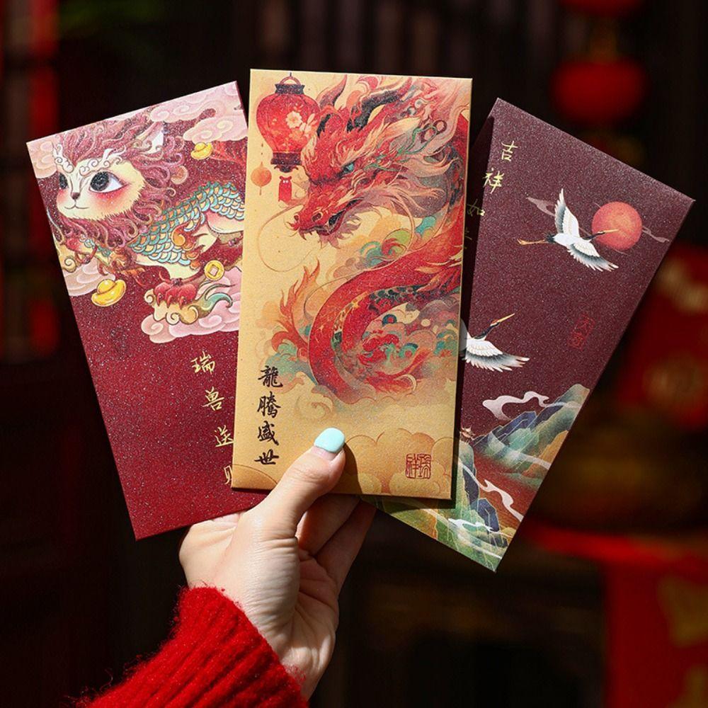 6pcs Traditional New Year Red Envelopes Chinese Style Lucky Money Bag Good Luck Red Pocket  Bonus