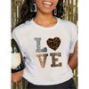 Mode Wit "Love" Luipaard Hart Patroon T-shirt-Casual Ronde Hals Korte Mouwen Casual T-shirt Luipaard Hart Patroon