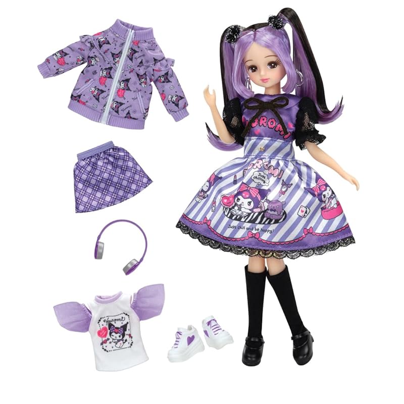 TAKARA TOMY Licca-chan Doll Cool Kuro Licca-chan DX Casual & Purple Dress Set Dress-up Pretend Play Toy Ages 3 and up