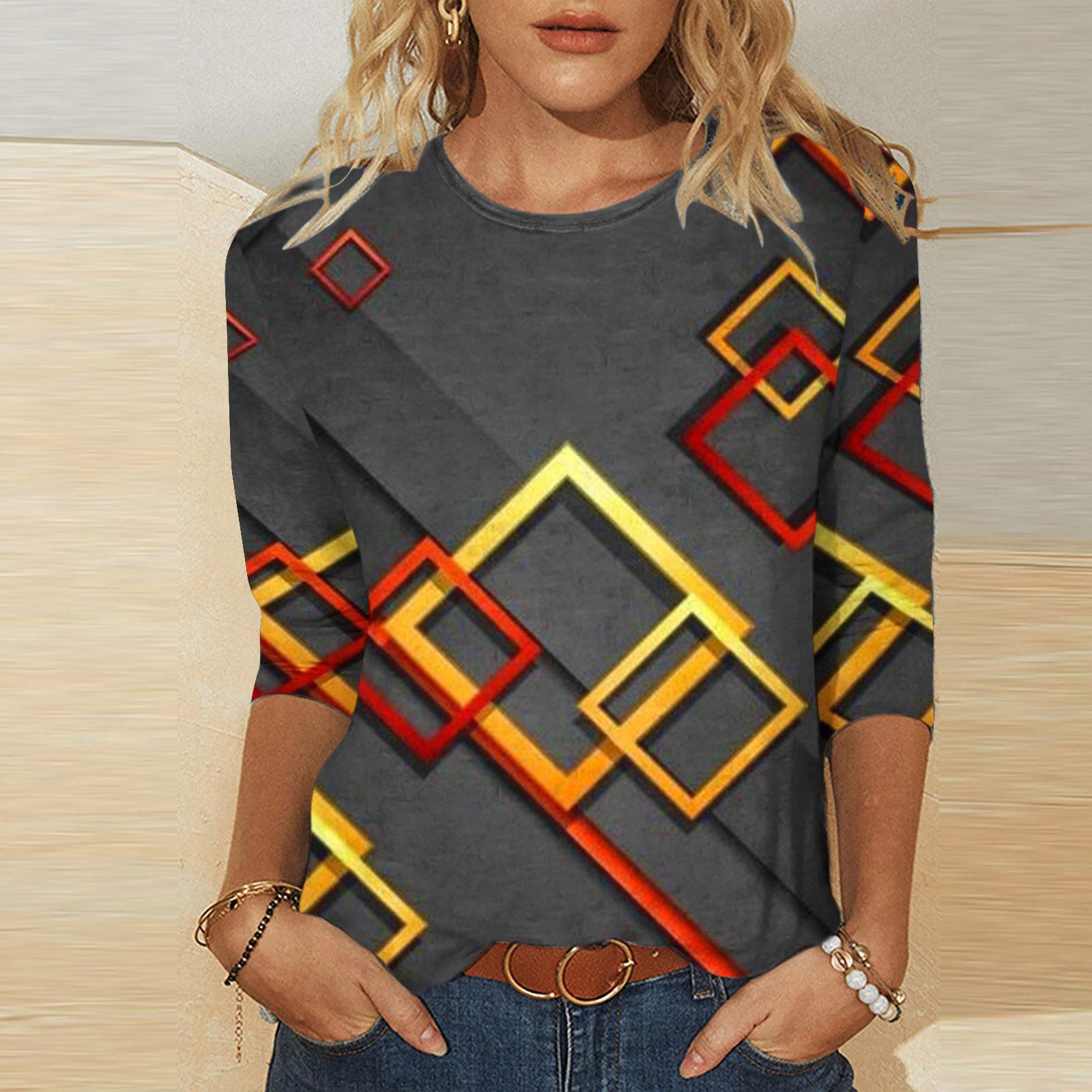 

Художественный геометрический узор, принт, модный контрастный цвет, персонализированный круглый вырез, женские футболки с длинным рукавом 5XL