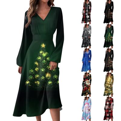 Women's Autumn And Winter Casual Fashion V-neck Long Sleeve  Print Long Dress