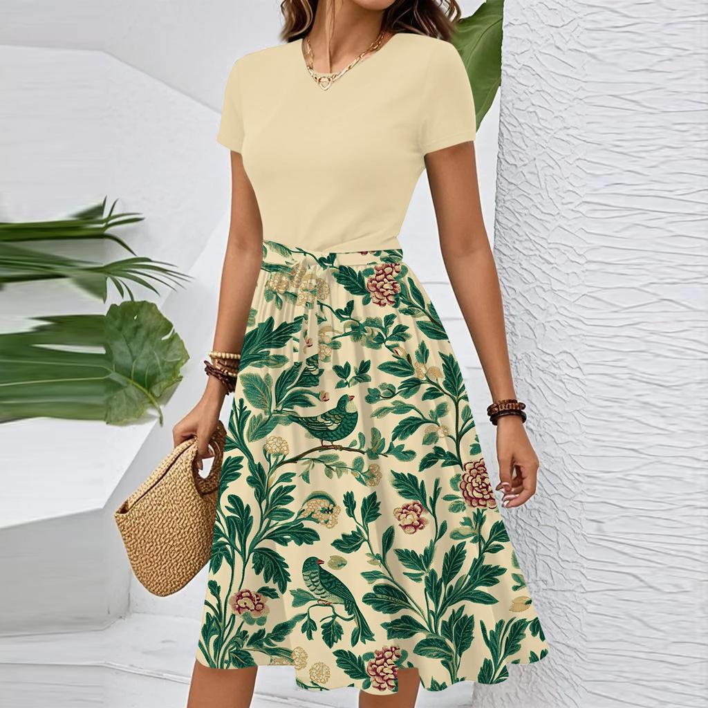 Dámské ležérní módní šaty s páskem, s květinovým potiskem, s krátkým rukávem, s kulatým výstřihem, elegantní