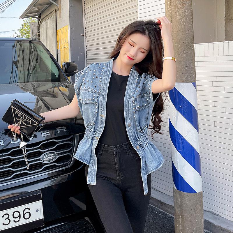 Sommer Damen Unregelmäßiges Perlen-Taillenbetontes Ärmelloses Jeans-Westen-Top