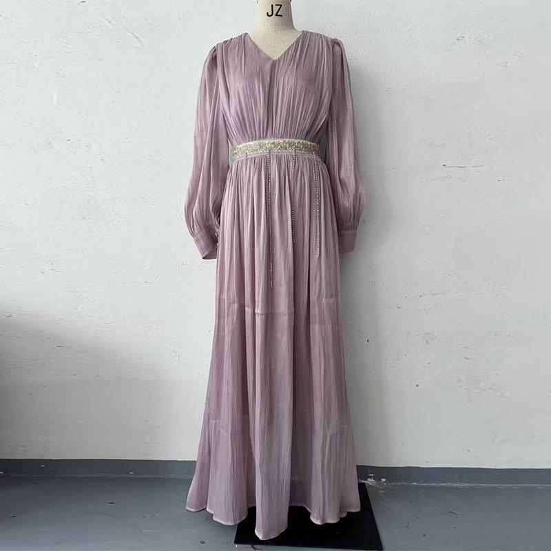 

2025 European-American Sexy Women s V-Neck Ruched Tulle Long Sleeve Swing Dress XXL рожевий