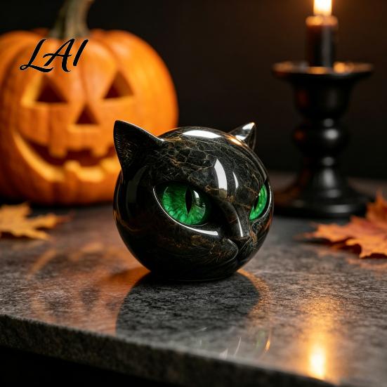 Retro Dark Home Accents Spherical Black Cat Head Ornament Resin Gothic Style Sculpture with Colorful Spooky Shelf Decoration Eyes for Halloween