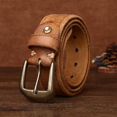 Pogrubiona duża miedziana klamra extra gruba fazowana krawędź retro matowa skórzany pasek męski pierwsza warstwa skóry bydlęcej casualowy pasek