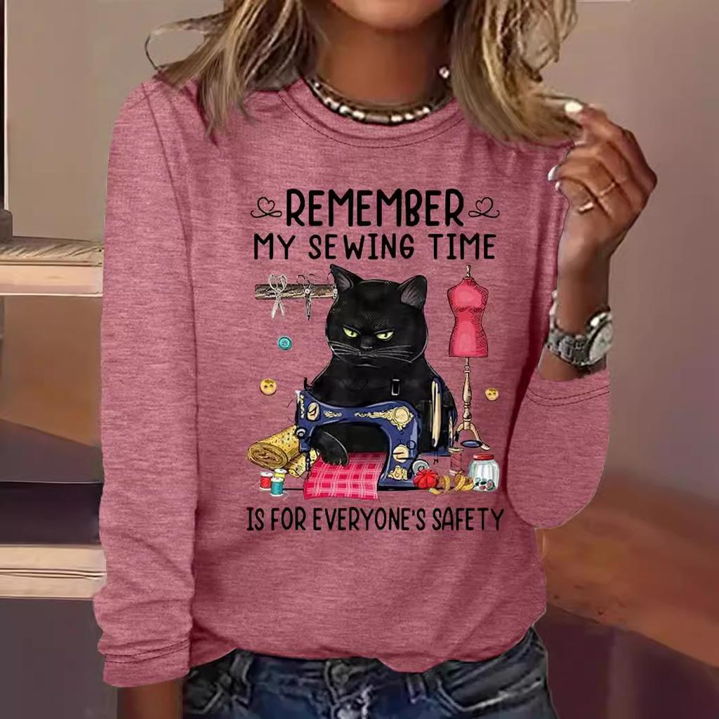 Okrągły dekolt 3D nadruk zabawny kot wzór top modny casual długi rękaw damskie koszulki