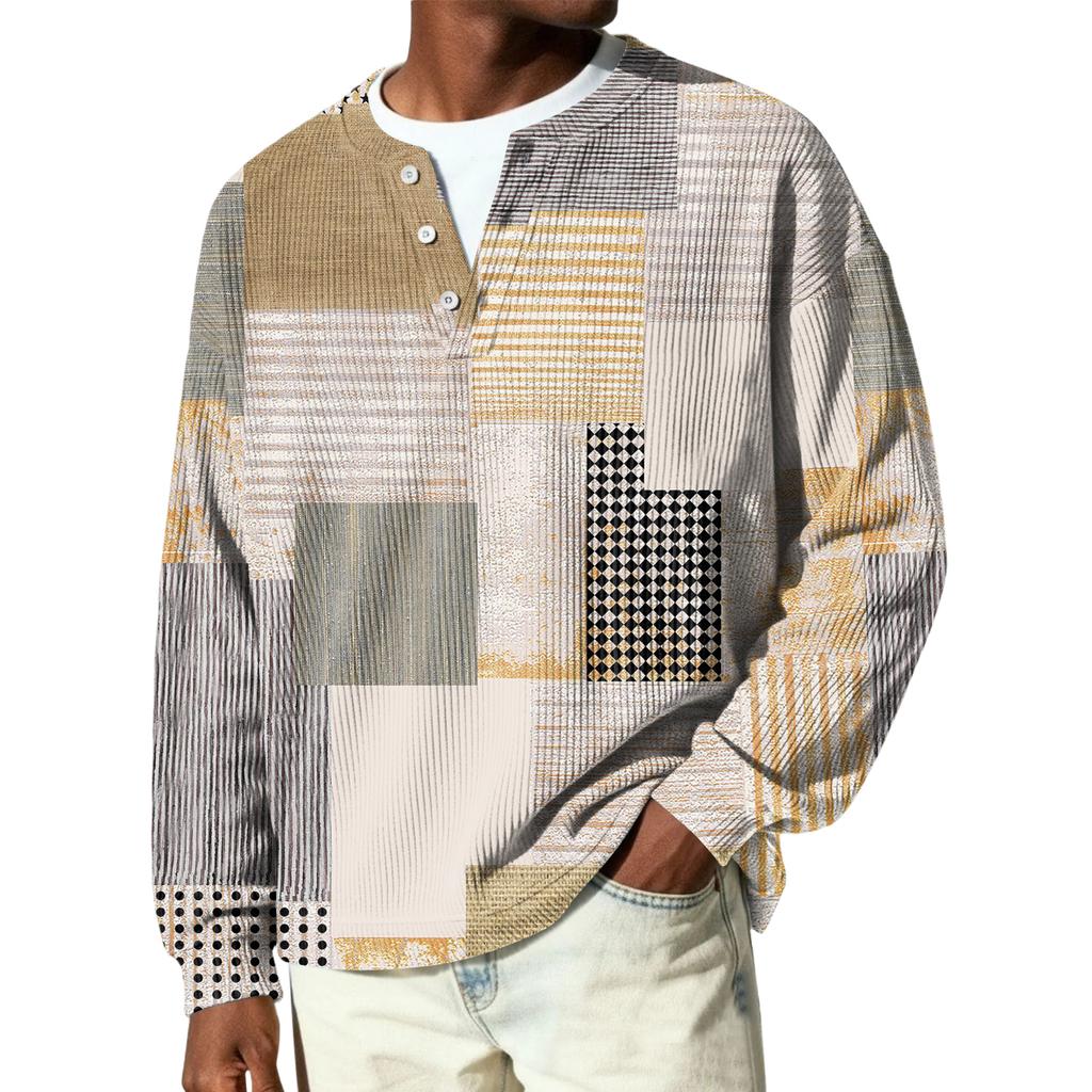 Męski sweter z dzianiny prążkowanej z długim rękawem, z kołnierzykiem zapinanym na guziki