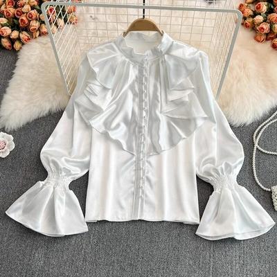 Flare Langarm Stehkragen Rüschen Bluse Frauen Vintage Weiß Acetat Satin Hemd Französisch Stil Lose Dame Tops 29939