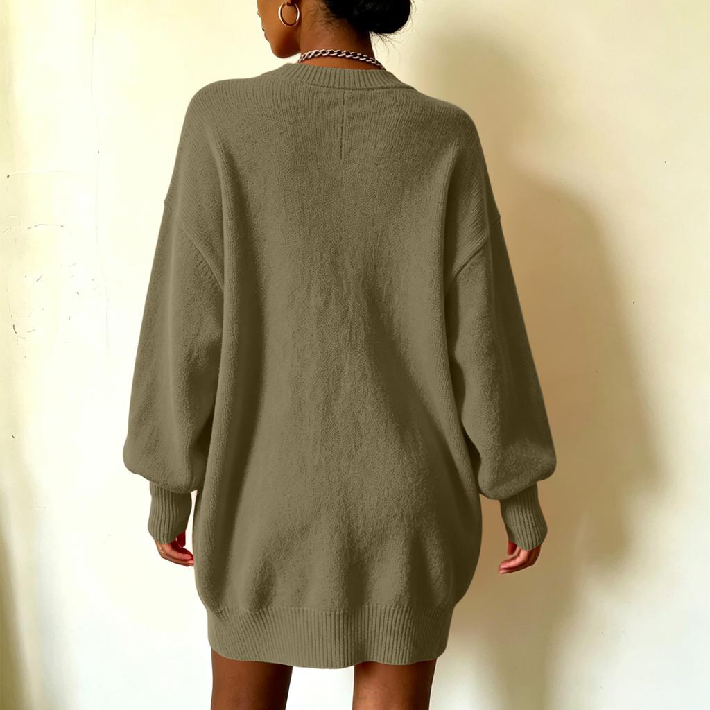 Women's Loose Fit Midi Sweater Dress with Sleeves and Collared Neckline