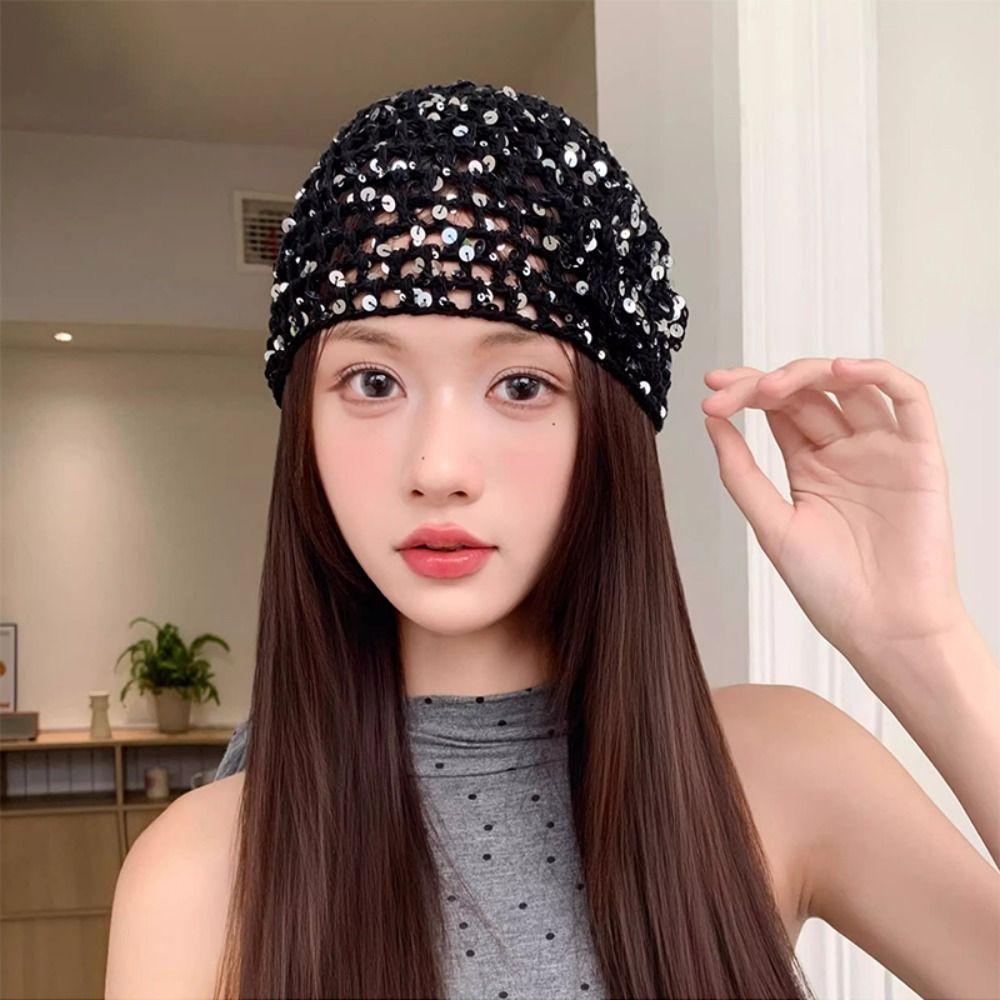Flower Hollowed Out Knitted Hat Thin Weave Cap Retro Woven Pullover Cap Spring Summer