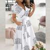 Fashion Women's Casual Lapel Printed Short Sleeve High Waist Dress Long