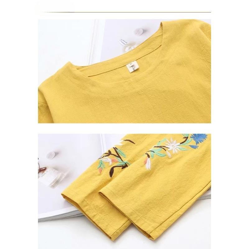 Women's Shirts Breathable Vintage Embroidered Long Sleeve Loose Casual Women's Blouse Round Neck Solid Color Office Ladies Base Blouses Tops Fashion