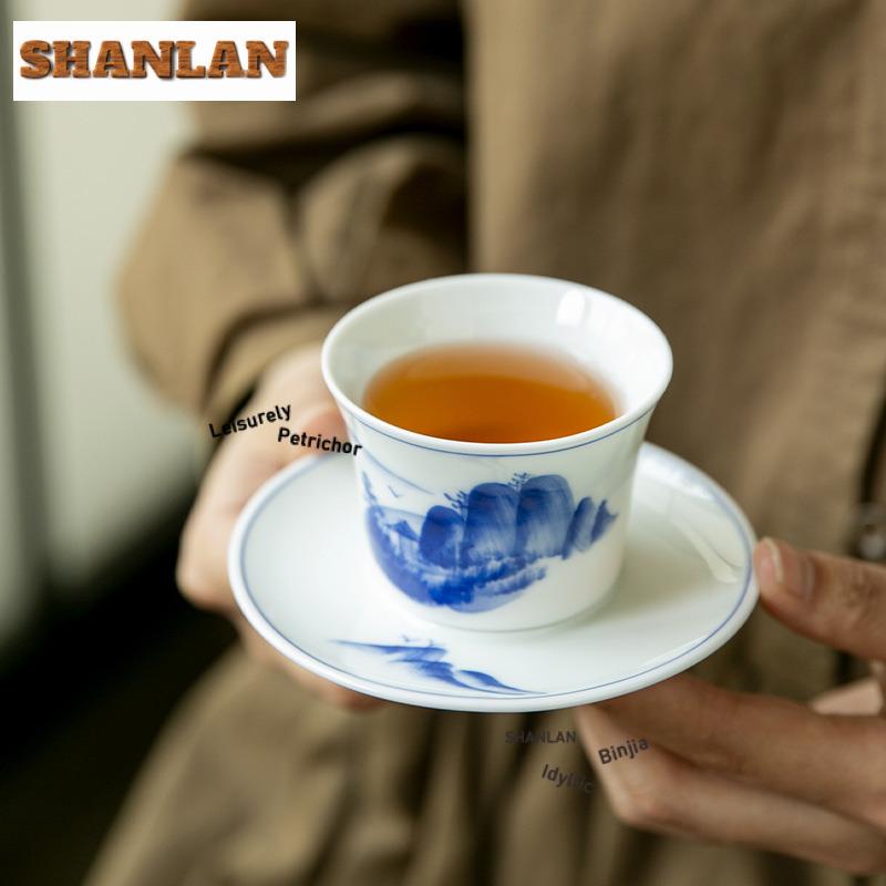 Hand-painted Blue and White Landscape Teacup Japanese Tea Bowl Water Jug Tea-tasting Smelling Cup Jianzhan Master Cups Teaware