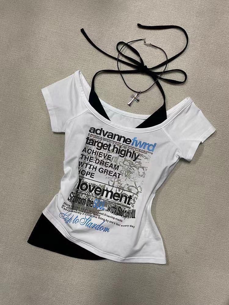 Sweet & Spicy Halter Neck Short Sleeve Crop Top: 2025 Summer New Two-Piece Illusion Design