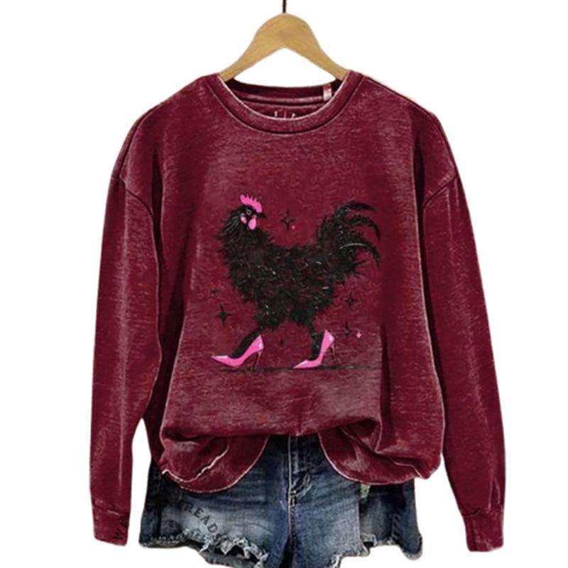 2025 Hot Selling Purple-Red Abstract Hen Print Round Neck Hoodie