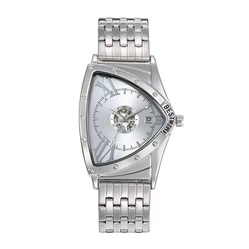 Male triangle high sense trend personality hip hop niche design quartz watch silver hollow
