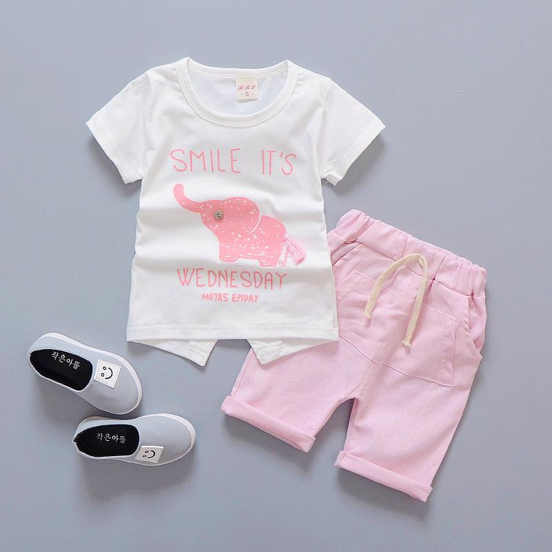 Baby Boy Clothes Summer Soft Breathable Infant Clothing Elephant Print Cute Short Sleeve T-Shirt Top Striped Pants Kids Suit 80 rózsaszín