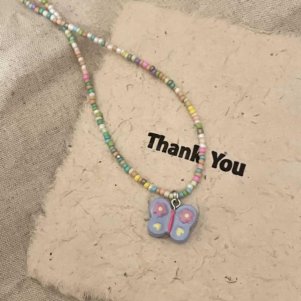 Summer Dopamine Colorful Beaded Butterfly Necklace for Women Sweet and Cute Girly Heart Clavicle Chain Simple Versatile Necklace