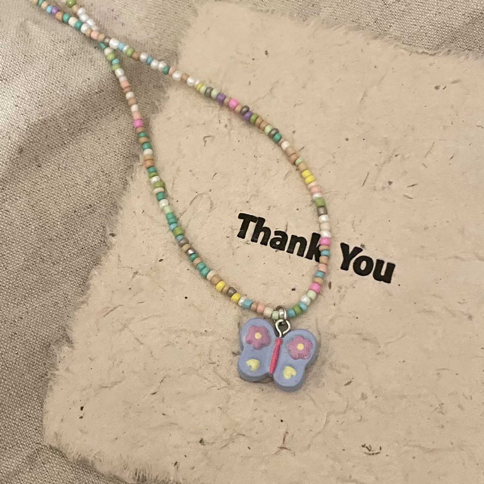Summer Dopamine Colorful Beaded Butterfly Necklace for Women Sweet and Cute Girly Heart Clavicle Chain Simple Versatile Necklace Purple Blue фиолетовый