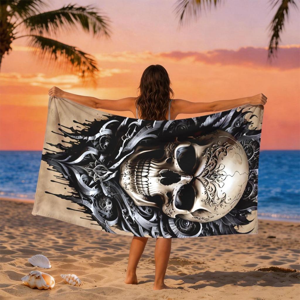 Dunkles, gothic-stilmäßig verziertes Totenkopf-Strandtuch aus Polyester-Mikrofaser ist sehr saugfähig und eignet sich für Schwimm- und Strandausflüge.
