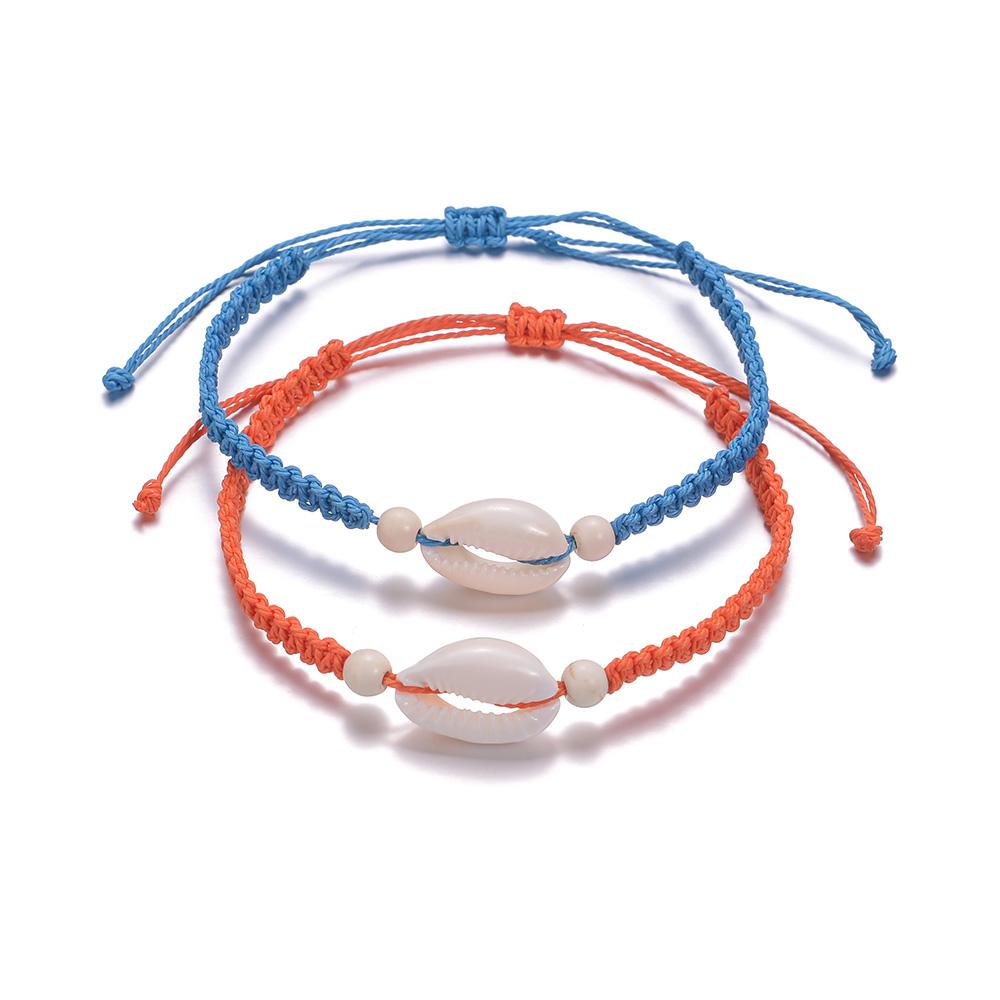 Fashionable Vacation Style Natural Seashell Red and Blue Rope Woven Adjustable Double-Layer Bracelet Unisex Jewelry Gift