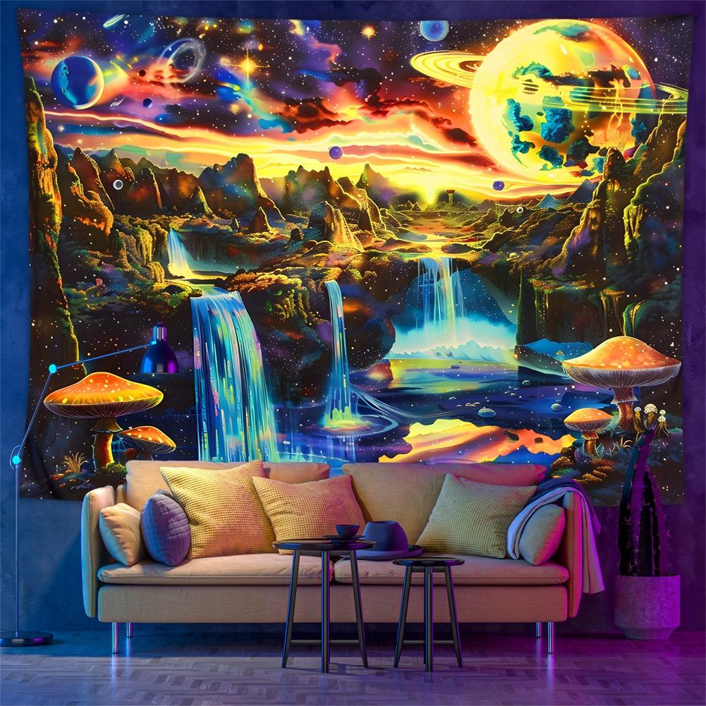 UV Reactive Mushroom Tapestry 2D Flat Printing Peach Skin Blacklight Fluorescent Psychedelic Waterfall Wall Hanging Dorm Decor