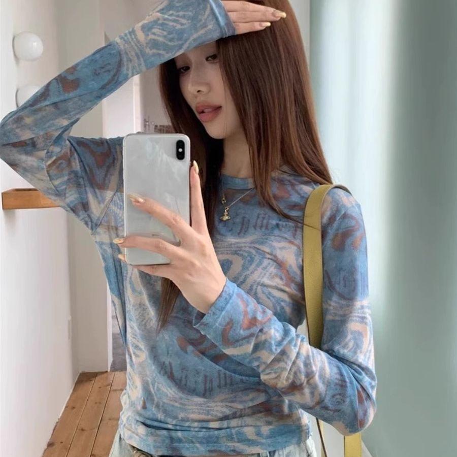 

Винтажная футболка из тонкой сетки с принтом тай-дай, женская, весенне-летняя, дизайнерская, нишевая, солнцезащитная накидка, уникальный шикарный топ S синий