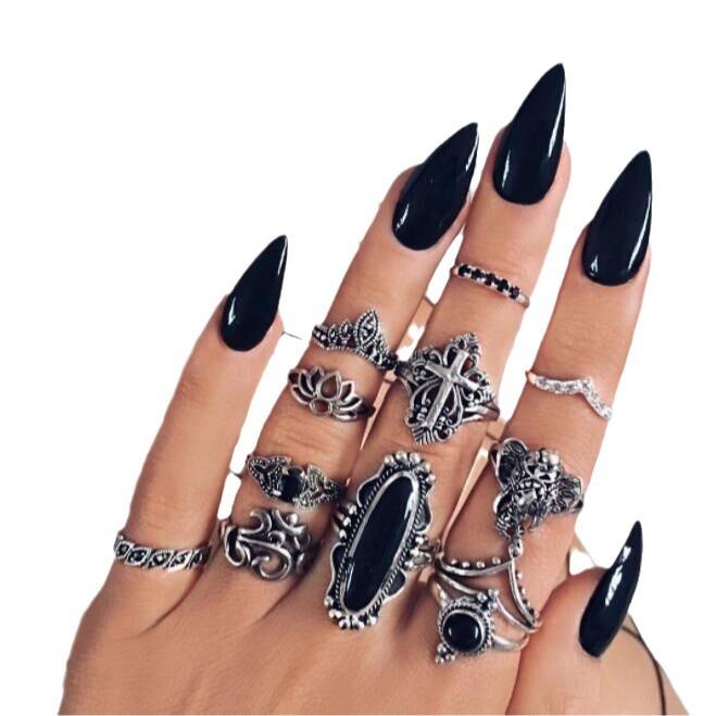 Fashion jewelry Vintage carved sun feather cross black gemstone ring multi-piece set set