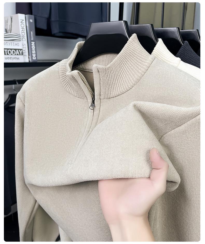 Men's Winter Plus Velvet Half-Zip Stand Collar Hoodie - Thick, Solid, Versatile, Fashionable, Warm Top