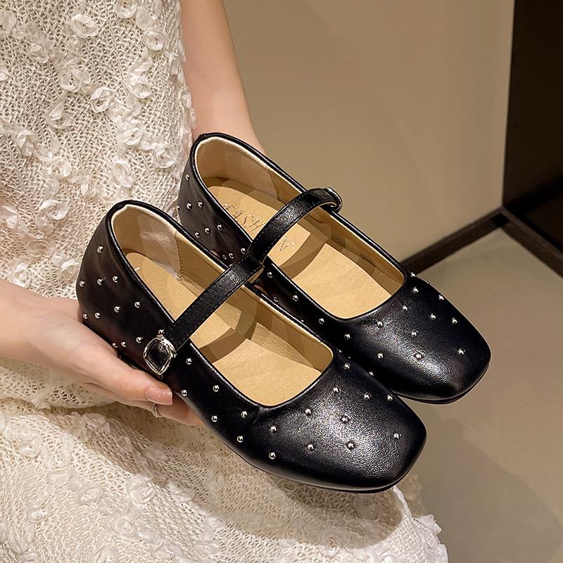 2025 Spring New Retro Ballet Shoes Rivet Square Head Flat Sole Single Shoes One-word Buckle Inner Height Increase Mary Jane Shoes