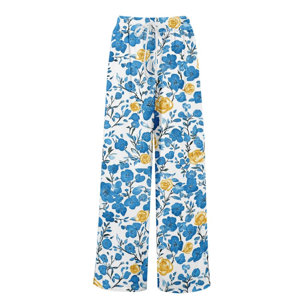 Women's Loose Casual Floral Print Wide Leg Pants With Elastic Waist Drawstring And Pocket Pants