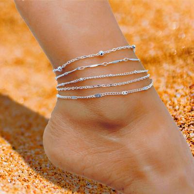 Layers Leaves and Beaded Cuban Chains. A Set of Summer Beach Anklets for Women Girls  Ankle Shiny Anklets with Zircon