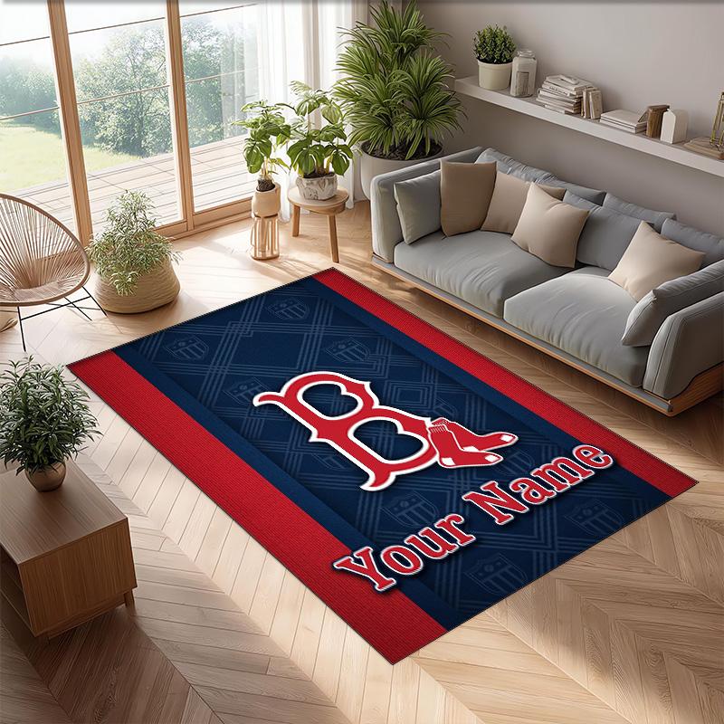 Boston Red Sox Crystal Velvet Rug, Custom Name Text Personalized Non‑Slip Floor Mat for Home Decor Gift