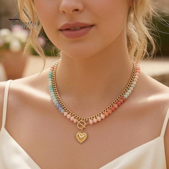 Preppy Aesthetic Beaded Necklace Women Layered Necklace, Heart Pendant Colorful Choker for Bohemian Jewelry Summer Beach Gift Mom Daughter Girlfriend