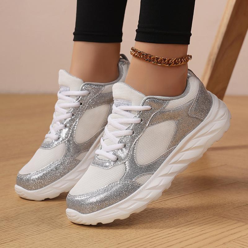 TUINANLE Women's Glitter Flat Silver Casual Sneakers Trend Version Wedding Fashion Round Couple Shoes