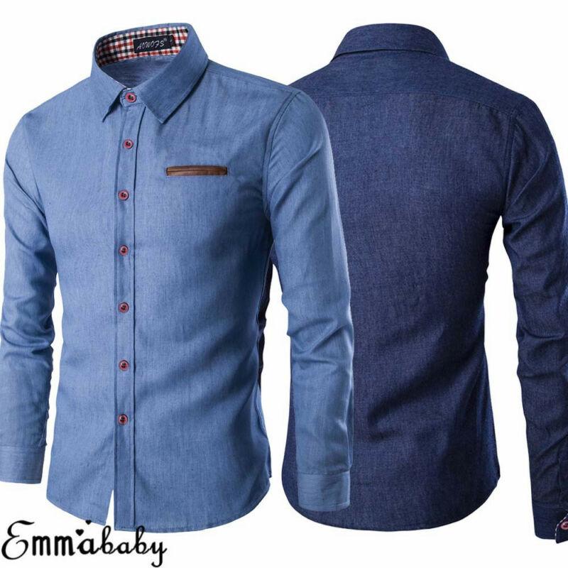 Men's Casual Slim Fit Stylish Wash Denim Long Sleeves Jeans Shirts Smart Casual Fashion Men Clothes