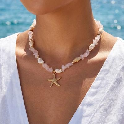 Trendy Colorful Irregular Stone Beaded Necklace for Women Bohemian Starfish Conch Pendant Necklaces Summer Beach Party Jewelry