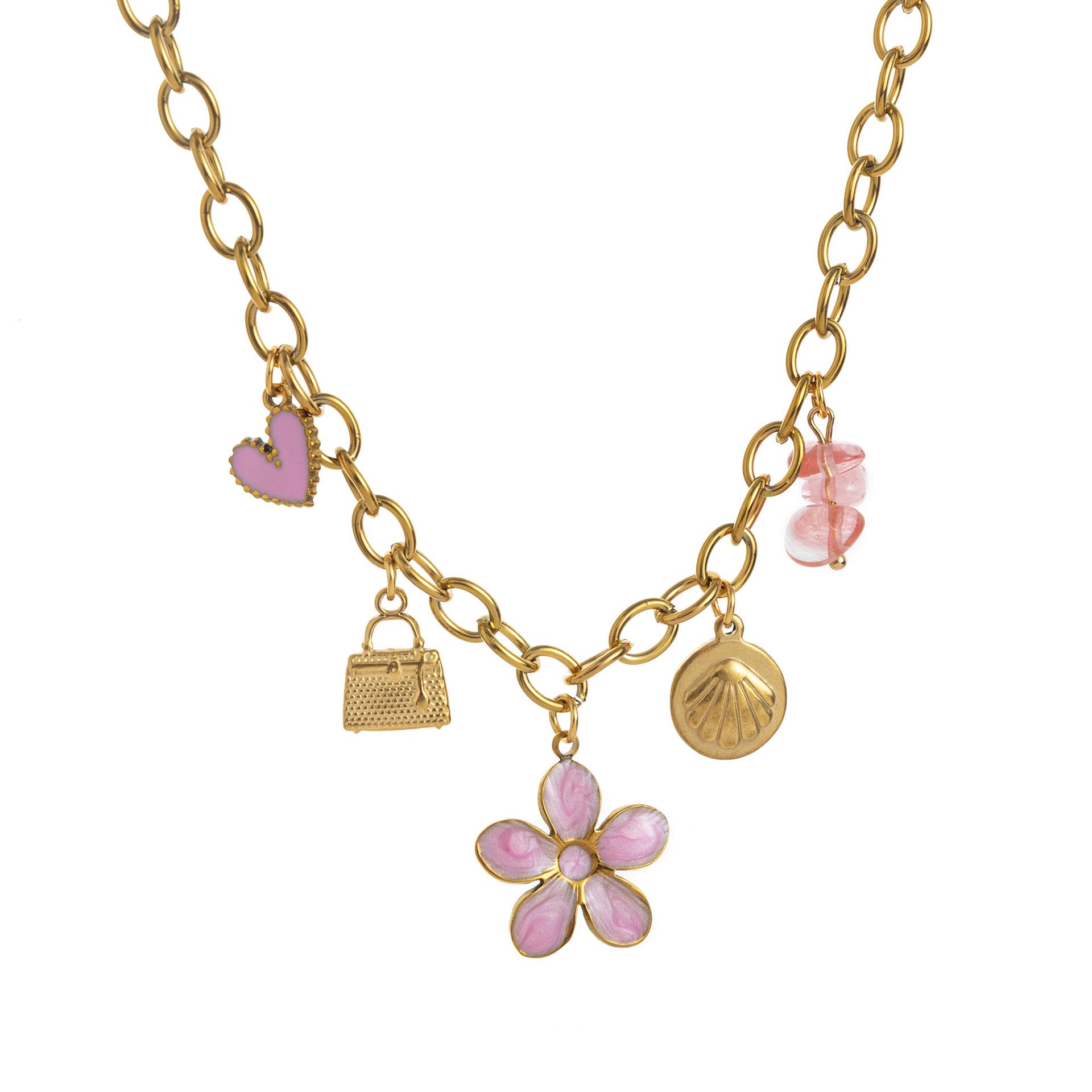 Valentine s Day Titanium Stainless Steel Necklace - Flower & Heart Pendant