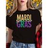 European Size Teediy Wo Mardi Gras Glitter Letter Graphic T-Shirt -Black with Yellow and Green Sparkle Design,Casual Round Neck,Spring Summer Fall Top