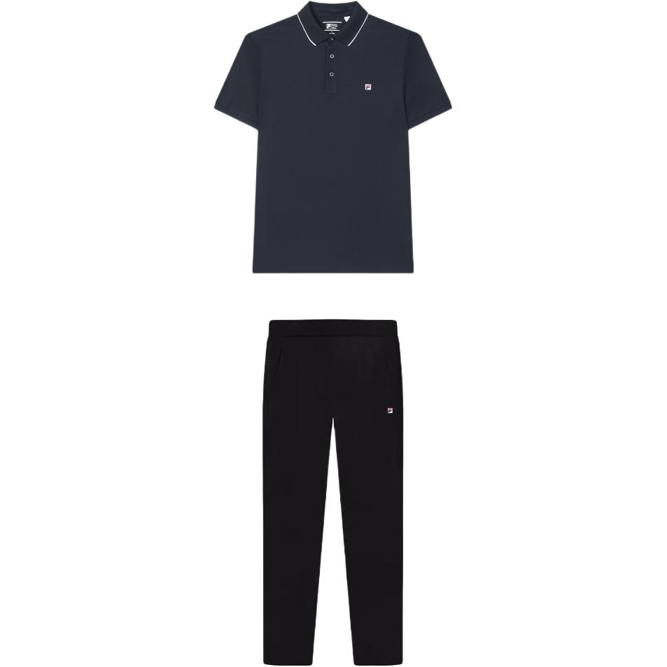 

Fila Удобная мягкая модная футболка-поло с коротким рукавом, простые брюки прямого кроя, повседневный спортивный костюм, мужские комплекты F51M421103A-NV+-F11M248605F-BK XXL