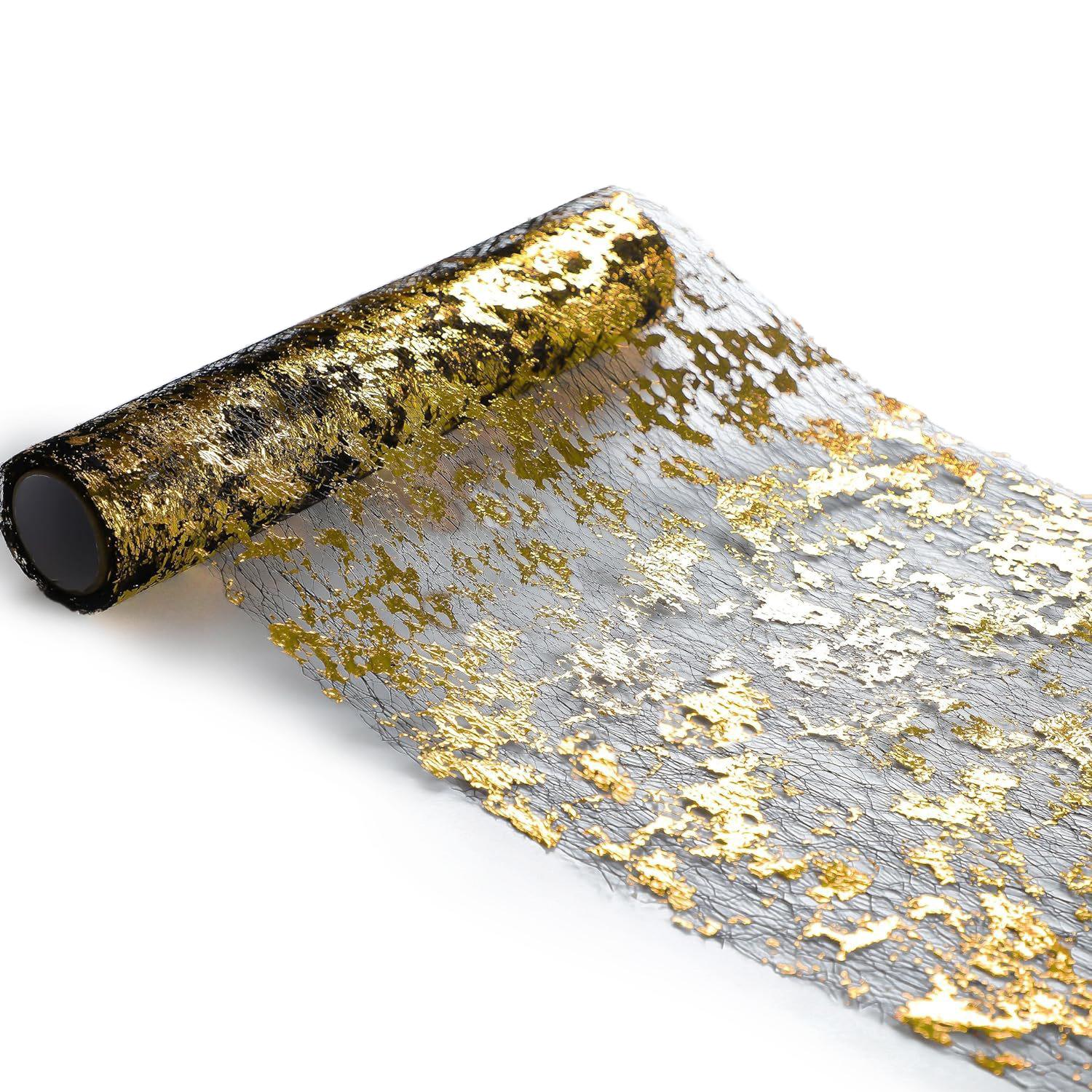 

28x900cm Hot Stamping Foil Mesh Table Runner Holiday Party Wedding Decor Polyester Table Flag Black+Gold
