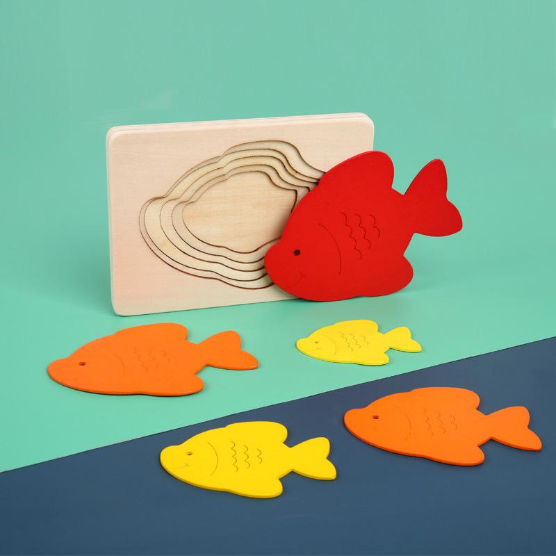 Montessori Panel Animal Puzzle Toy Wooden 3D Multilayer Gradient Color Elephant Duck Puzzle Early Learning Color Cognitive Panel