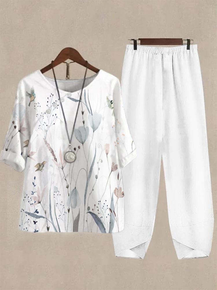 2025 foreign trade cross-border new women's clothing, casual round neck five-quarter sleeve top, digital printing women's two-piece set