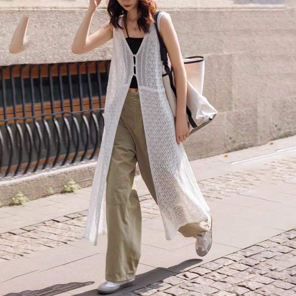 

Thin Fabric Hollow Out Dress Loose Fit See Through Dress Fashion Jacquard Knitted Cardigan Summer White Style 1