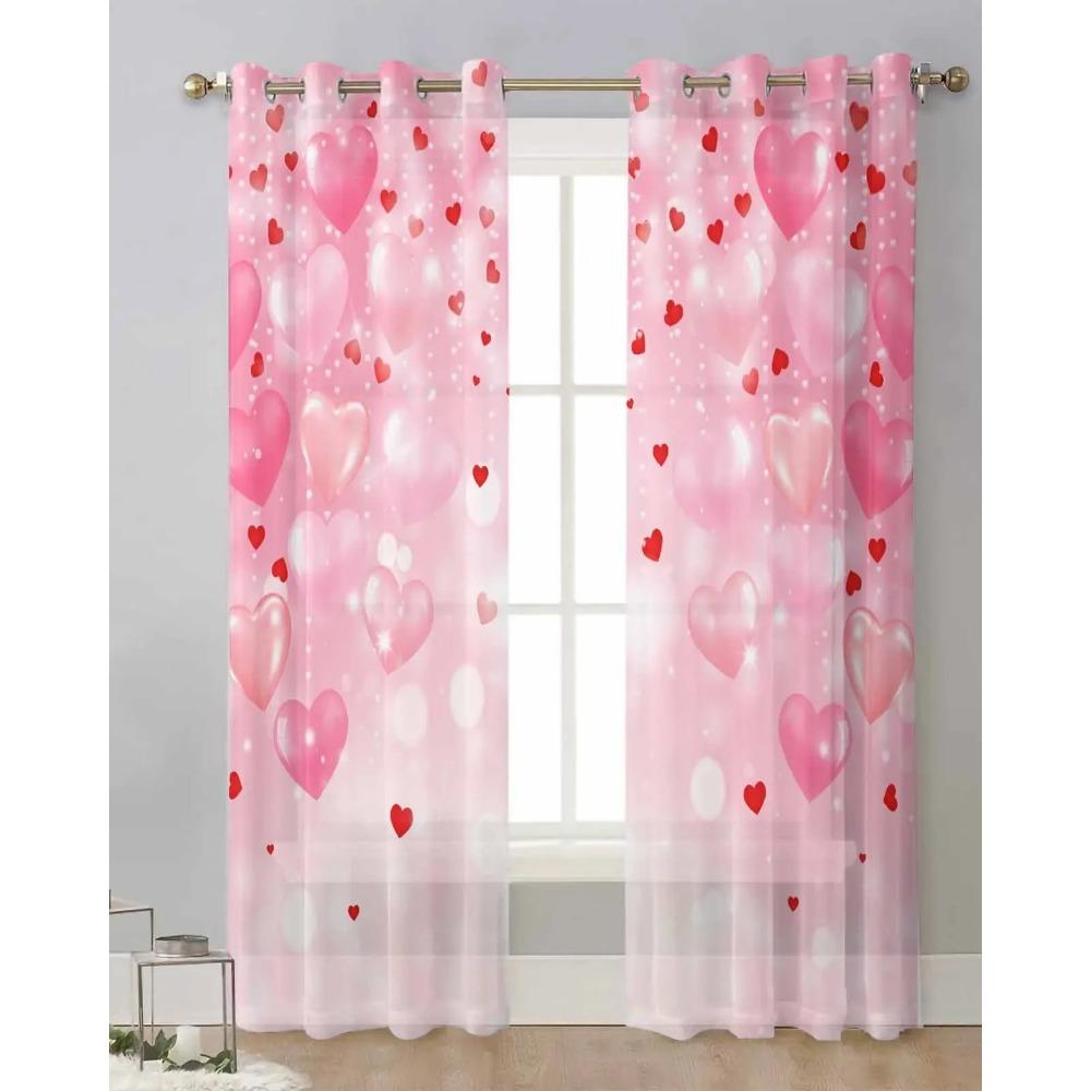Valentine'S Day Pink Heart Sheer Drapes for Bedroom Living Room Decoration Window Curtain Kitchen Curtain Panels