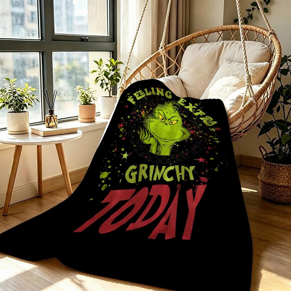 Extra Grinchy Today Theme Cute Flannel Blanket Machine Washable Fleece Blanket For Living Room Bedroom Gaming Room Party Decor Christmas Gift