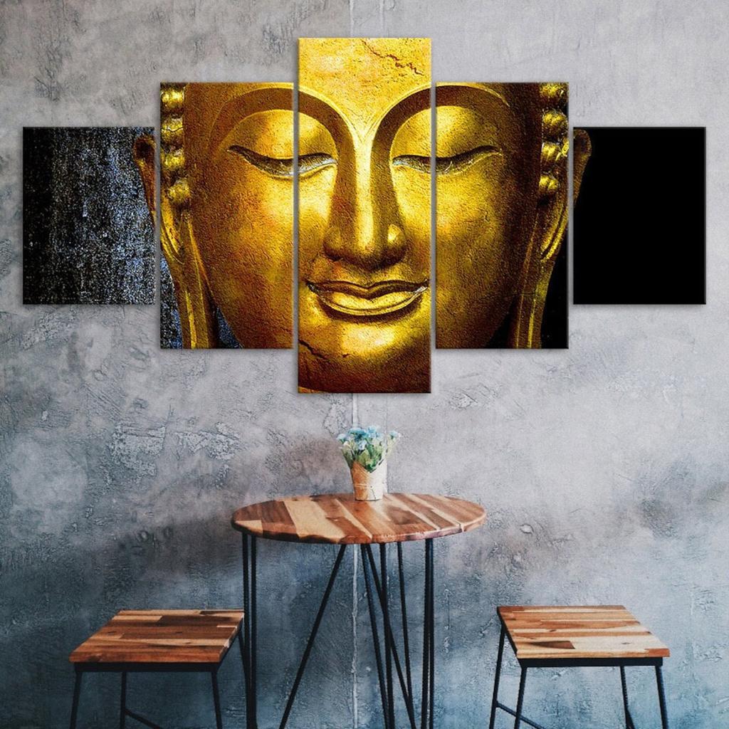 Golden Buddha Face Statue Canvas 5 Piece Wall Print Multi Panel Modern Art Poster Home Decor Picture Gift For Him For Her