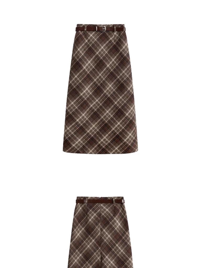 Melanoid Retro Plaid High-Waist Wool Skirt - Women's Trendy Slimming Comfort for Spring/Autumn 2026